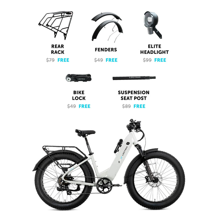 Lectric XPeak Step-Thru 2.0 eBike included accessory package.  