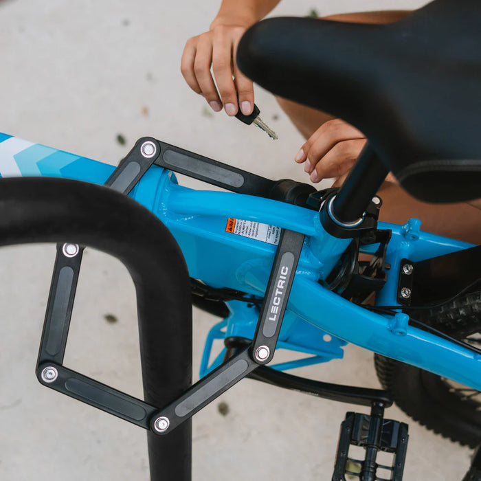 Lectric Bike Lock being used on Lectric XP Lite 2.0 in Lectric Blue.