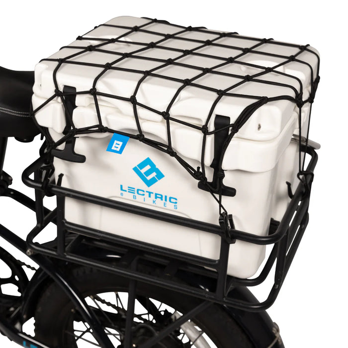 Lectric Cargo Net on back of bike over a cooler.