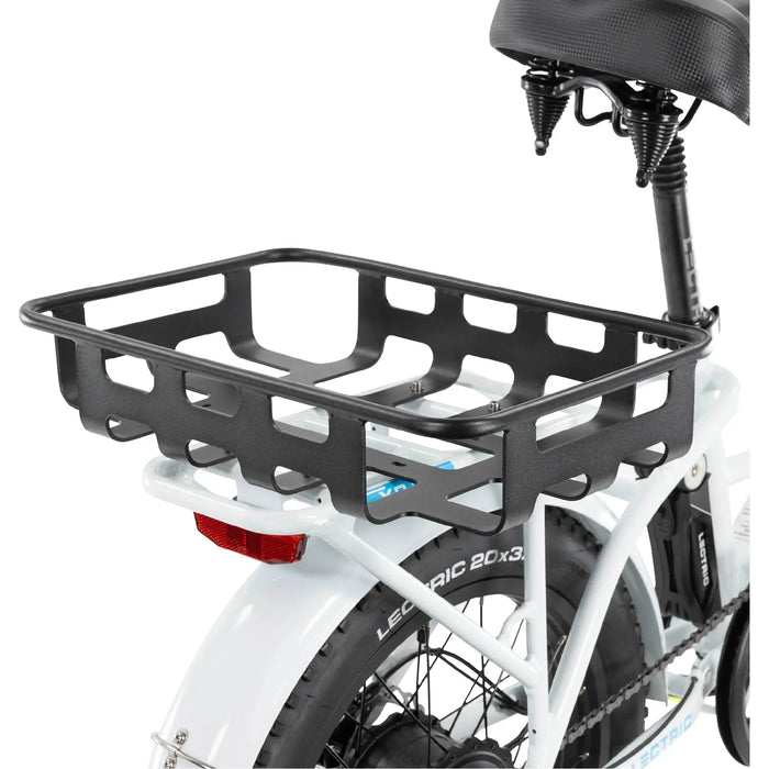 Rear basket of Lectric Cargo Package installed on the back of a white Lectric XP 3.0 sideways.