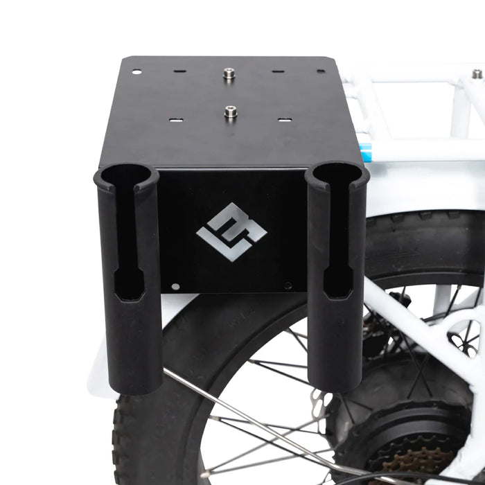 Close up of Lectric eBike Fishing Rod Holder installed on bike.