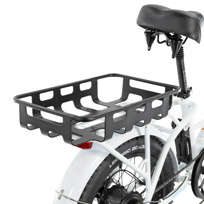 Black bicycle basket attached to a white Lectric XP 3.0 electric bike on a white background