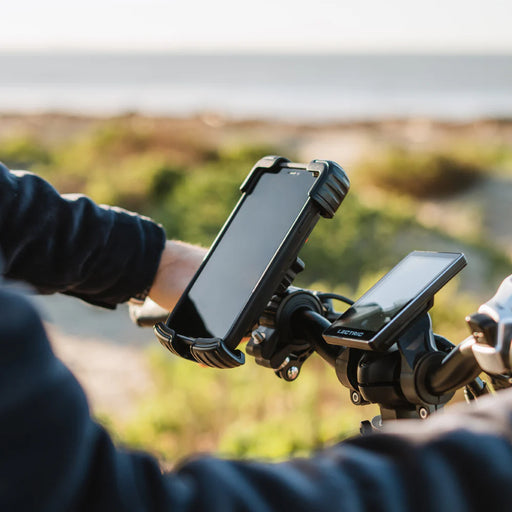 Lectric Phone Mount installed on handlebars of bike.