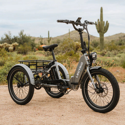 Picture set in the desert of the Lectric XP Trike with Graphite Fender Set.