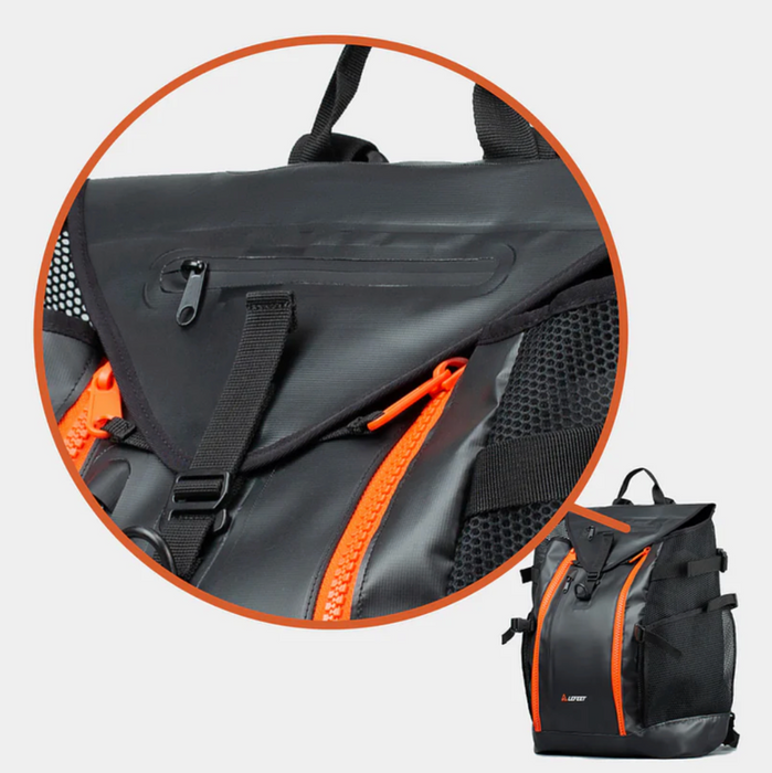 LEFEET Dive Gear Backpack showing back waterproof zipper pocket.  