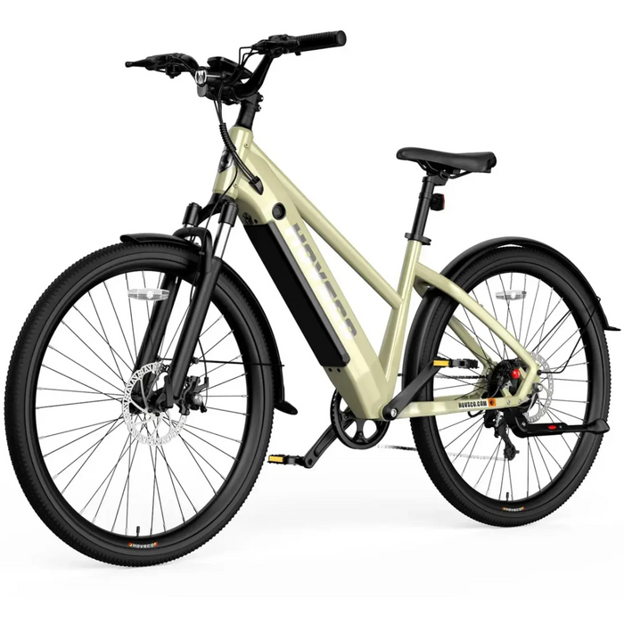 Product image of a champagne HOVSCO HovCity E-Bike's left side diagonally turned.