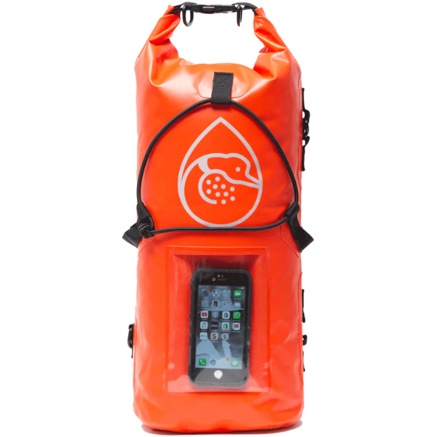 Product image of the Loon Paddle Company 15 Liter Dry Bag's front side with phone pocket.