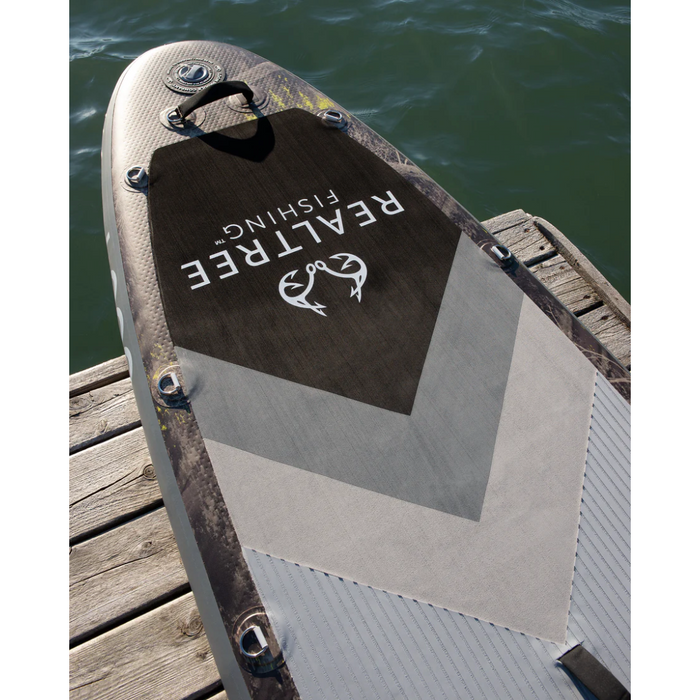 Product image showing the lower half of the top of the Loon Paddle Company REALTREE Fishing iSUP where the inflation valve is.