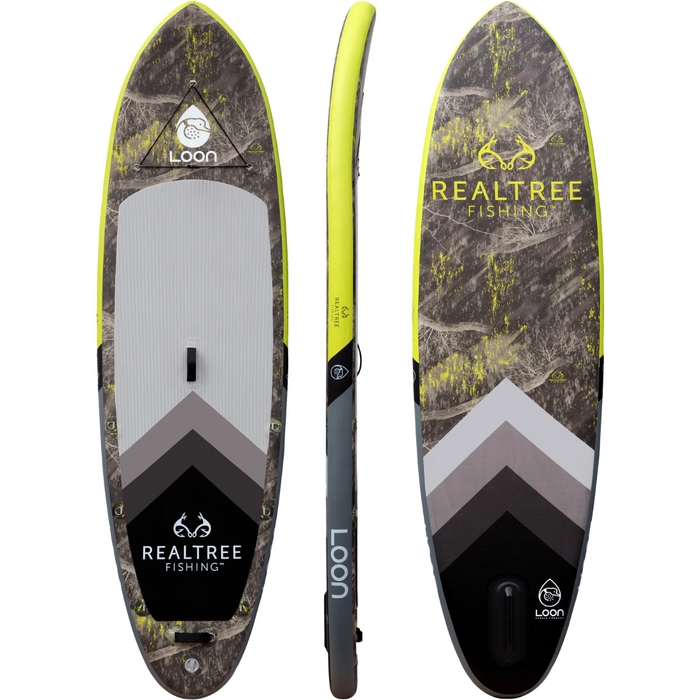 Loon Paddle Company REALTREE Fishing Hi-Viz Feather Light Inflatable Stand Up Paddle Board product image of front, back, and side.