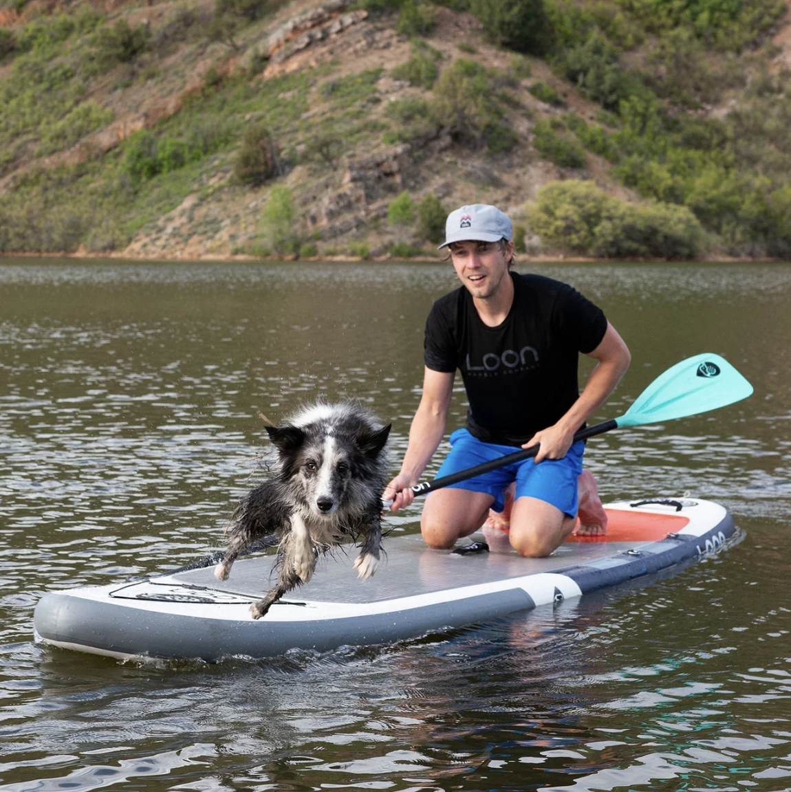 Dog jumping off iSUP with guy holding paddle.  