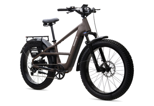 A Monarc Marker fat-tire electric bike in a matte dark brown frame called Cedar with black components, including the tires, saddle, handlebars, and fenders, shown on a clean white background.