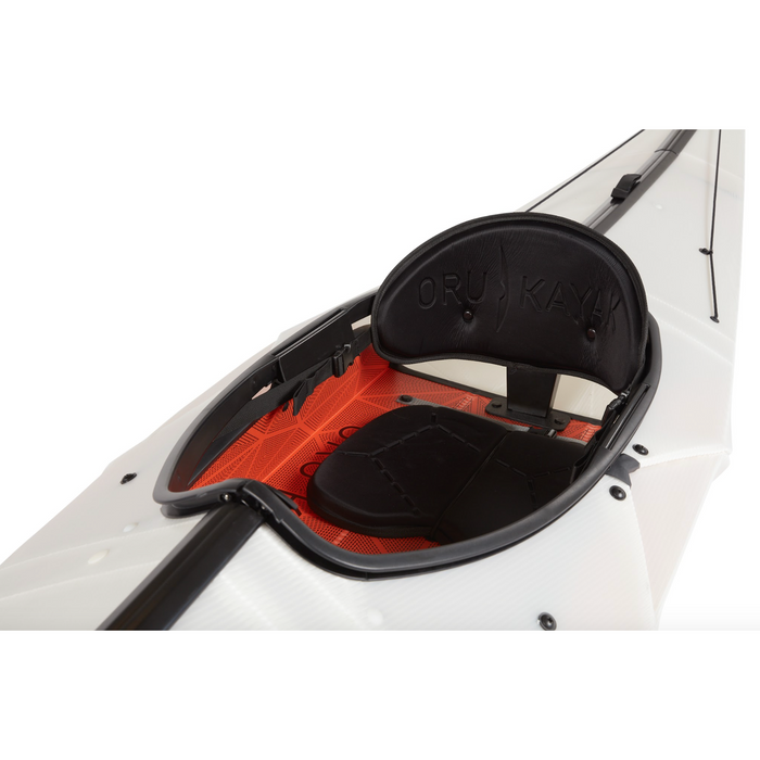 Seat in a white Oru Kayak Bay ST Foldable Kayak.