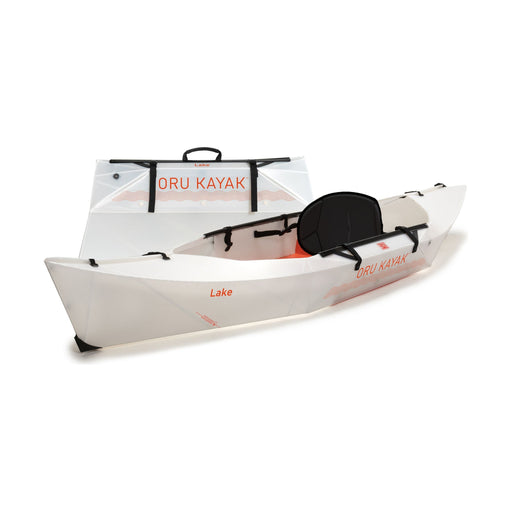 Product image of the Oru Kayak Lake Foldable Kayak  in white showing it folded and unfolded.