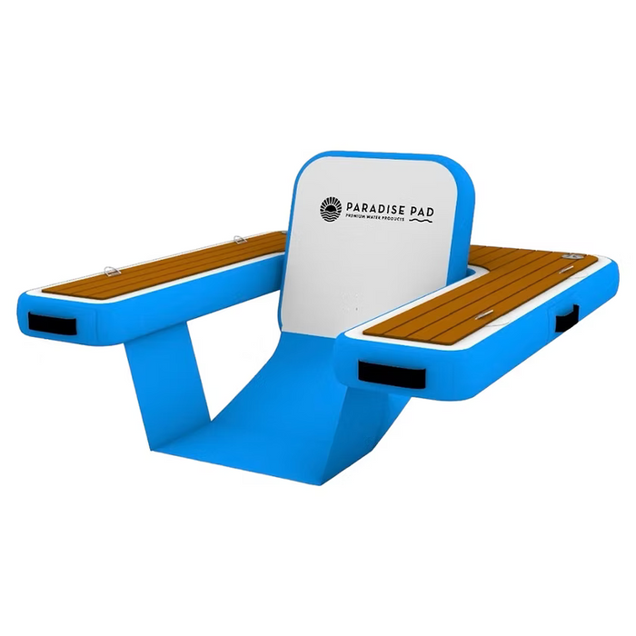 Blue and white ParadisePad inflatable floating chair with faux wooden armrests on a white background