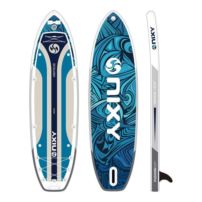 Product image of blue NIXY Venice G5 iSUP's top, side, and bottom view.