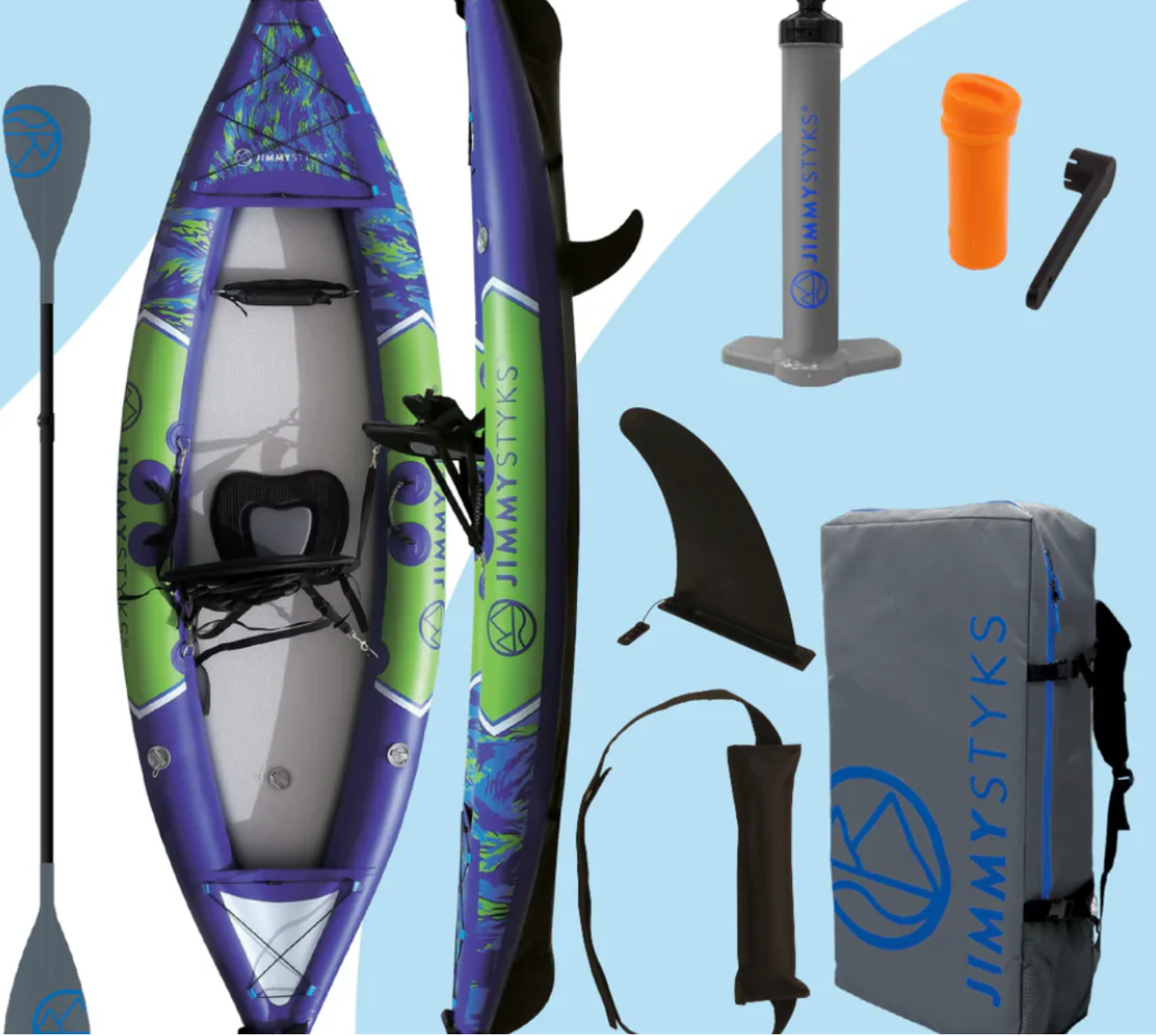 Product picture of the Jimmy Styks Nomad I Inflatable Kayak and what is included in the package.