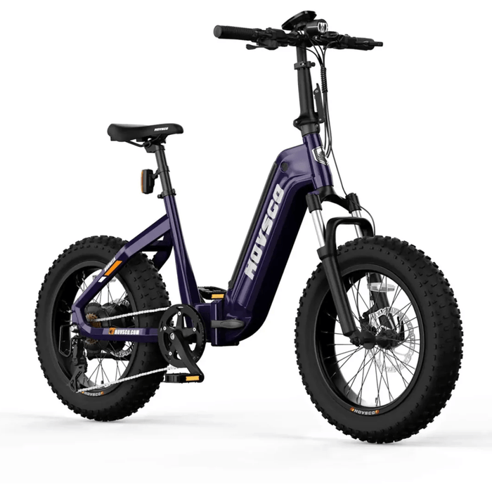 Product image of a purple HOVSCO HovBeta Foldable Fat Tire Electric Bike right side view at an angle.