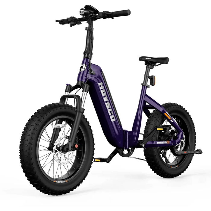 Purple HOVSCO HovBeta Foldable Fat Tire Electric Bike at diagonal showing left hand side with front tire closest to camera.