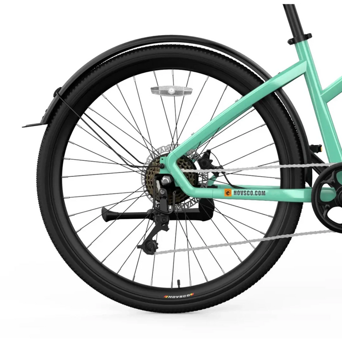 HOVSCO HovCity E-Bike in Ocean Green showing rear tire.