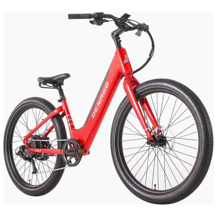 Red Denago City 3 Electric Bike right side view front tire closest to camera.