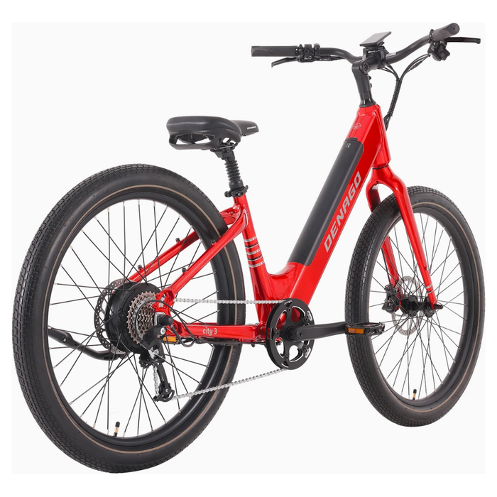 Red Denago City Model 3 E-Bike right side view rear tire closest.