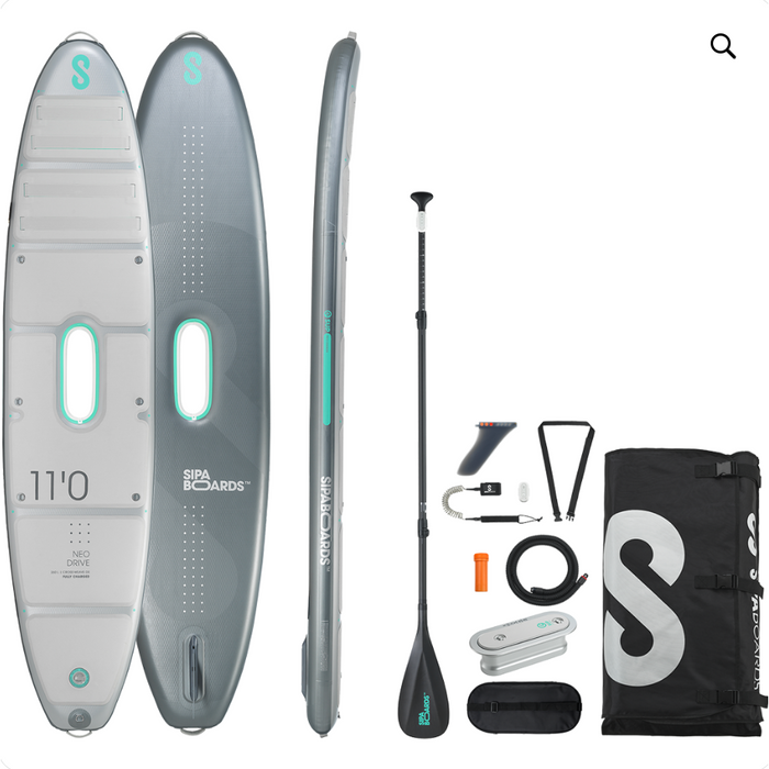 Product image of everything you will get with a SipaBoards Drive Neo Silver Inflatable SUP.