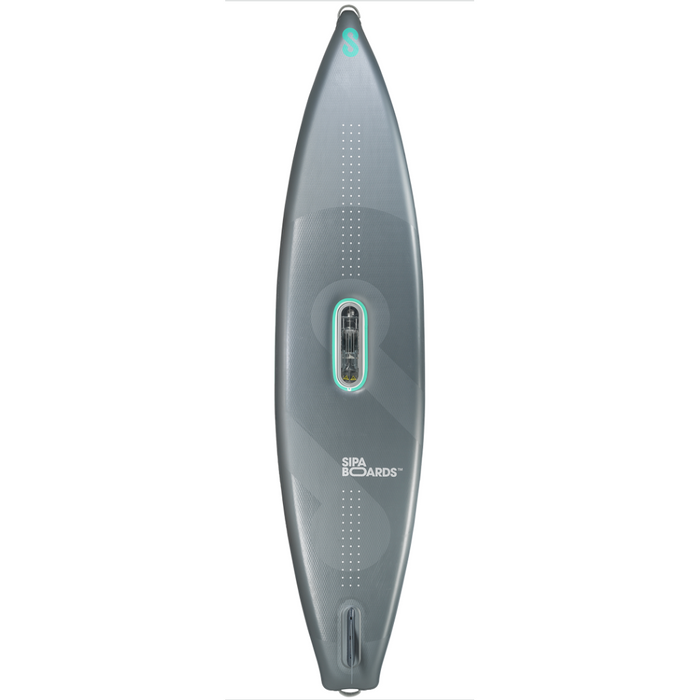 Product image of the bottom of the SIpaBoards Drive Tourer Silver E-SUP showing the integrated motor.