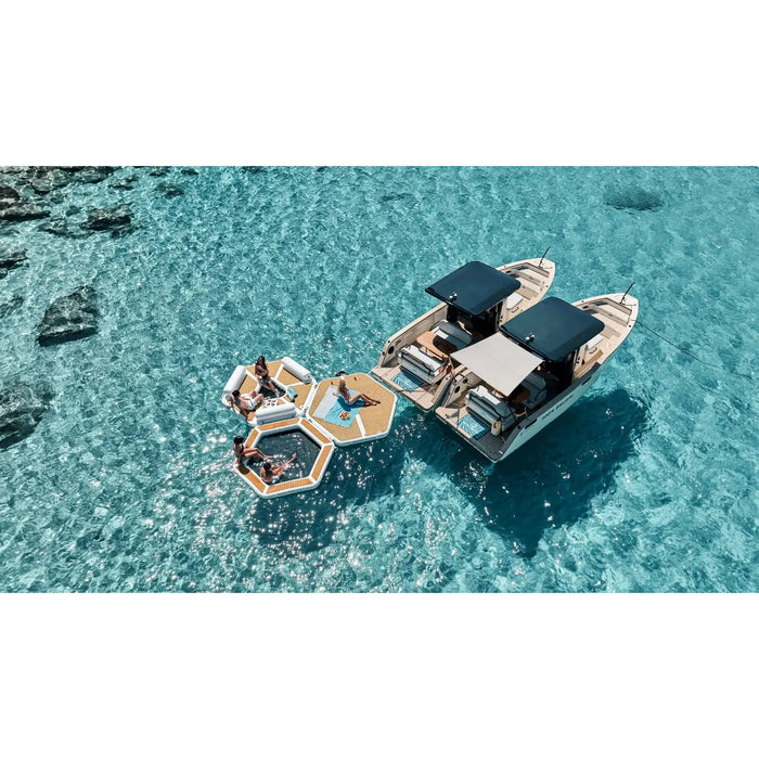 Three hex platforms behind two boats including the Yachtbeach Hex Party Zone 2.50M.