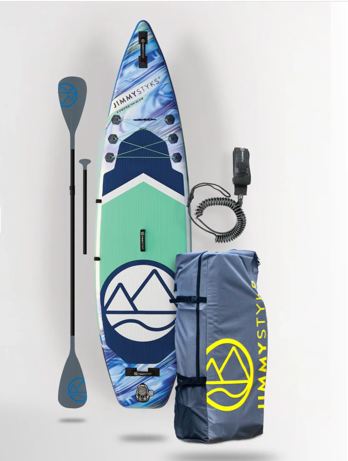 Jimmy Styks Tracker Paddle Board with paddle, leash, and carry bag.