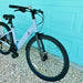 Urtopia Carbon ST ebike's front tire parked in front of aqua door on rock driveway.