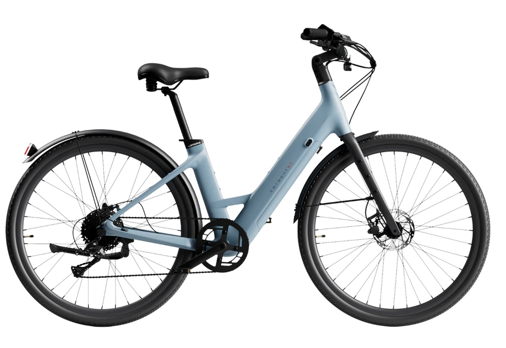 Urtopia Carbon Classic ST Blue lightweight electric bicycle on a white background.