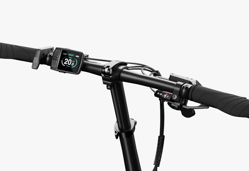 The handlebar of the Urtopia Carbon Fold ST with a digital display on a white background.