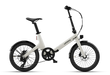 An Urtopia Carbon Fold ST folding electric bike in Creme with with a step-through frame, black saddle, and black tires, shown from a side profile on a clean white background.