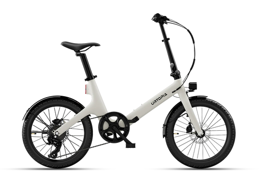 An Urtopia Carbon Fold ST folding electric bike in Creme with with a step-through frame, black saddle, and black tires, shown from a side profile on a clean white background.
