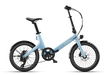 The Urtopia Carbon Fold ST in glacier blue folding electric bike with a step-through frame, black saddle, and black tires, shown from a side profile on a white background.
