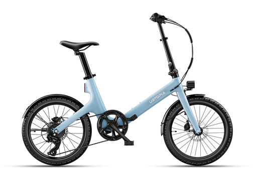 The Urtopia Carbon Fold ST in glacier blue folding electric bike with a step-through frame, black saddle, and black tires, shown from a side profile on a white background.