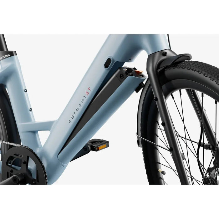 Urtopia Carbon Step-Thru electric bike's intergrated battery under the frame.