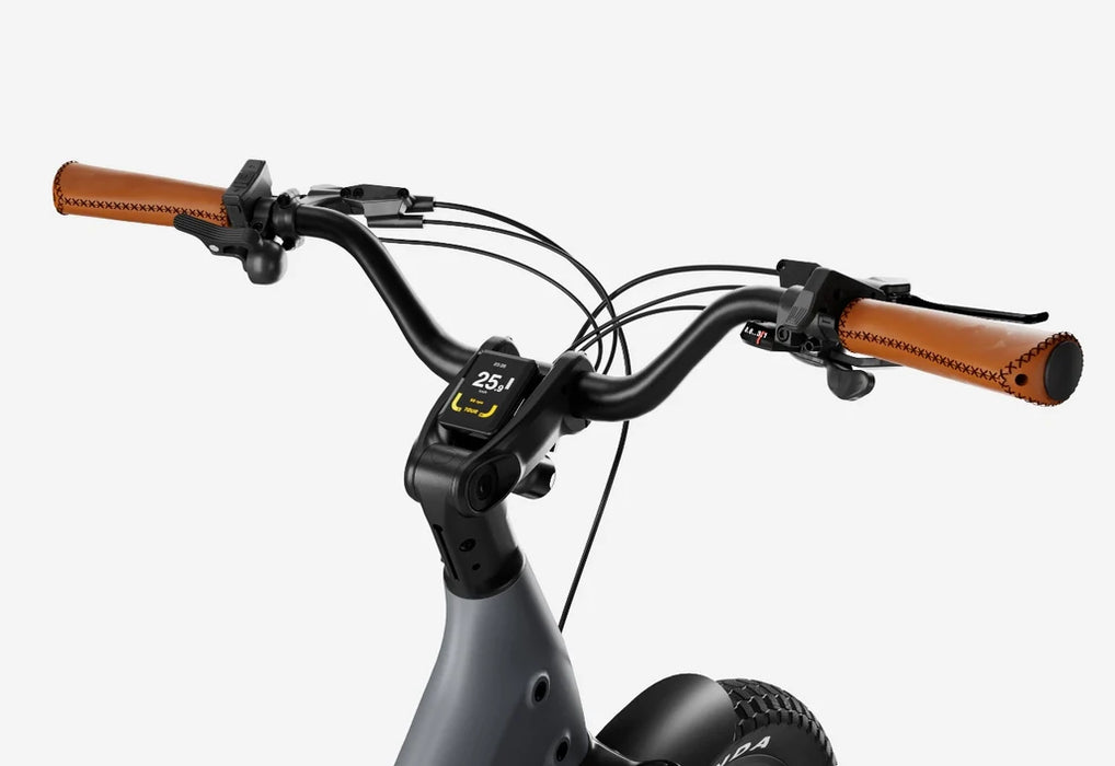 Close-up of an Urtopia Joy Carbon's handlebars with leather grips on a white background