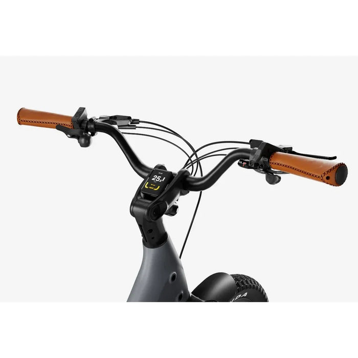 Close-up of an Urtopia Joy Carbon's handlebars with leather grips on a white background