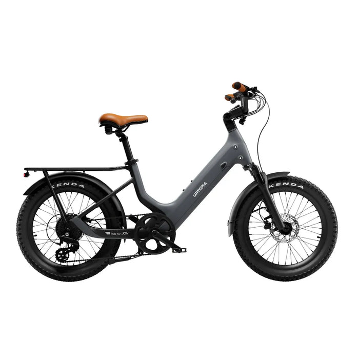Urtopia Joy Carbon electric bike in charcoal grey with a brown seat on a white background
