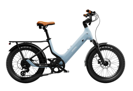 Urtopia Joy Carbon electric bike with a glacier blue frame and brown seat on a white background