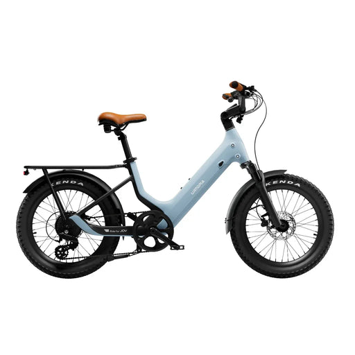 Urtopia Joy Carbon electric bike with a glacier blue frame and brown seat on a white background