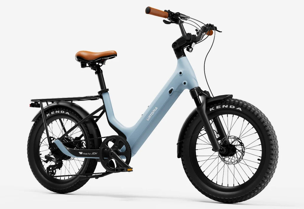 Glacier blue Joy Carbon electric bike by Urtopia with black rear rack and tires on a white background