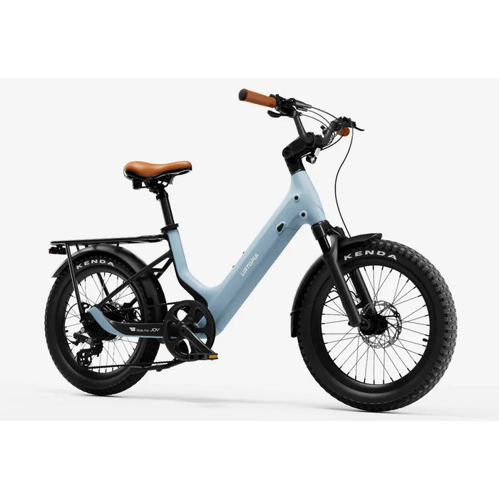 Glacier blue Joy Carbon electric bike by Urtopia with black rear rack and tires on a white background