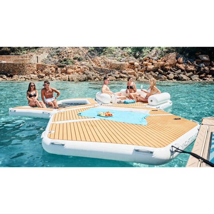 3 hex platforms including Yachtbeach Party Zone 2.5M tied together behind a boat.